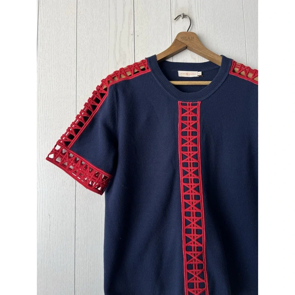 Tory Burch Knit Cotton Navy Blue Red Geo Cut Out Knit Yacht Top Blouse Coastal M